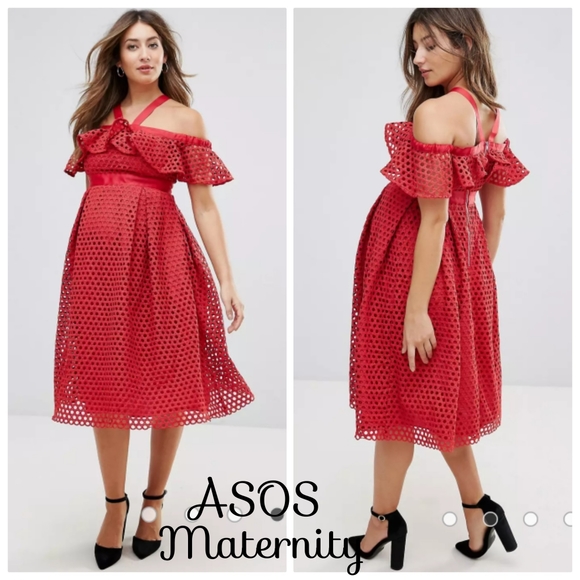 Nwt ASOS Cold Shoulder Maternity Red Eyelit Lace Circles Red Dress - Picture 6 of 16